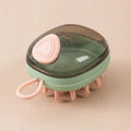 Blue and green pet grooming brush with shampoo dispenser and silicone massage bristles for dogs and cats