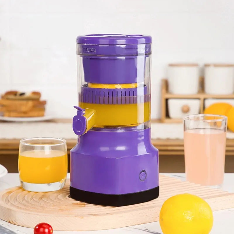 Purple USB rechargeable electric citrus juicer with detachable cone and pulp filter.