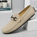 Men's round-toe casual shoes in cowhide leather on a rubber sole, shown in beige colour.