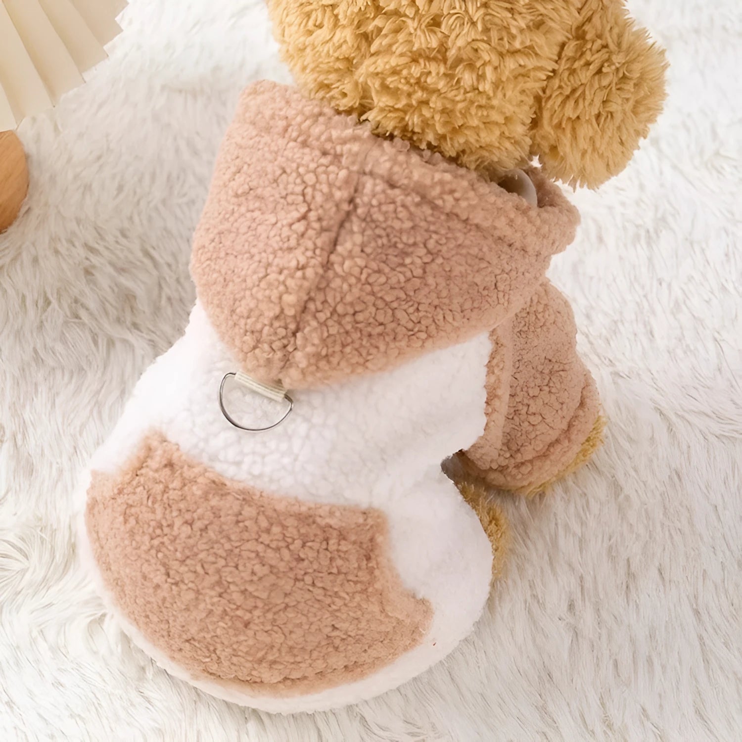 Thickened hooded cotton-padded dog coat in brown colour showing fleece lining and size options