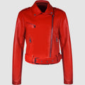 Women's red PU leather lapel jacket with an integrated short belt, shown on a model.