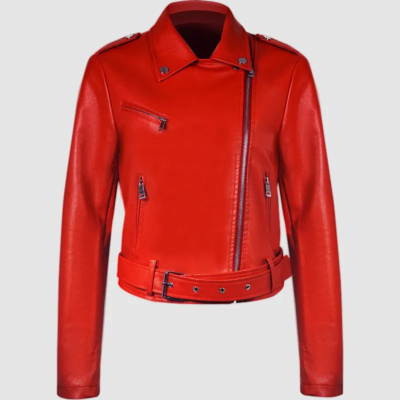 Women's red PU leather lapel jacket with an integrated short belt, shown on a model.
