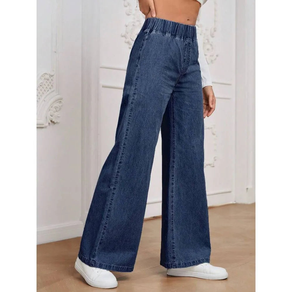 Light blue washed wide-leg straight jeans on a hanger, showing mid waist and zip fly detail.
