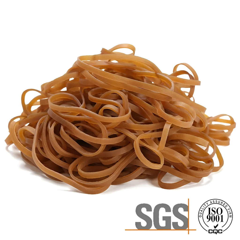 A pile of natural-coloured, round rubber rings next to a 500g bag.