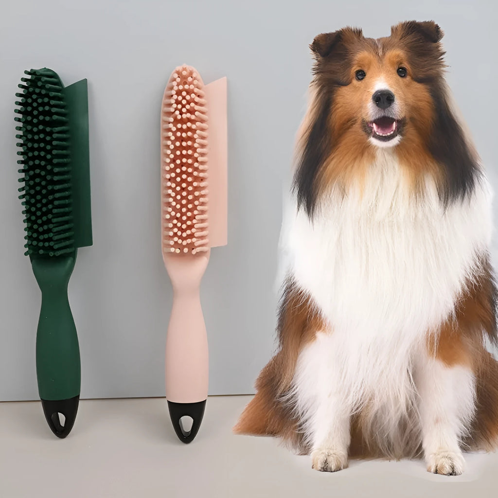 Green dog brush with pet hair remover and massage function next to wool sticker for fabric cleaning