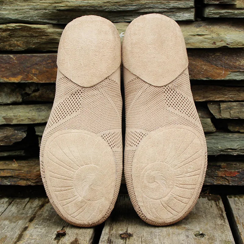 Camel coloured Latin dance shoes with cotton mesh upper and leather sole