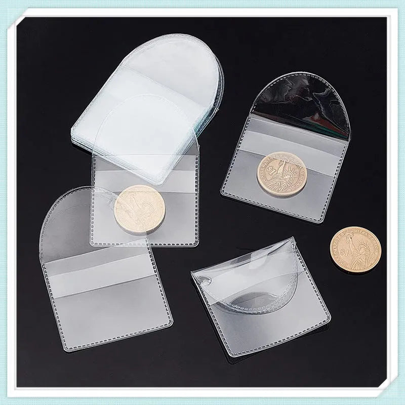 Transparent PVC soft badge bag 0.2mm thick holding coins on a flat surface