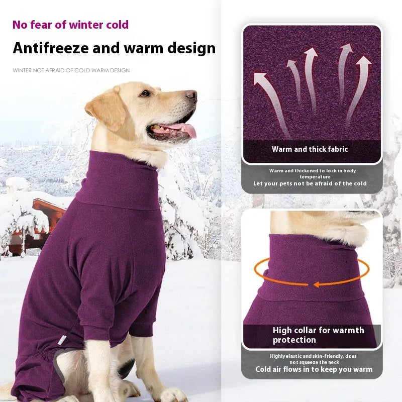 Dark grey polar fleece four-legged dog clothes with high collar on a medium-sized dog