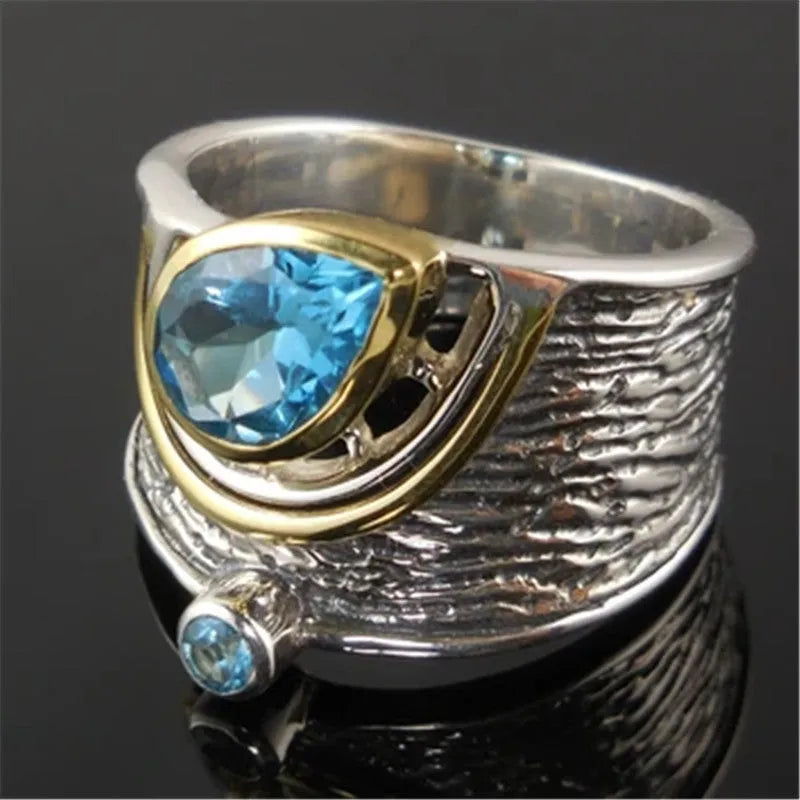 Blue rhinestone Chinese style women's ring with drop shape design and inlaid zircon elements