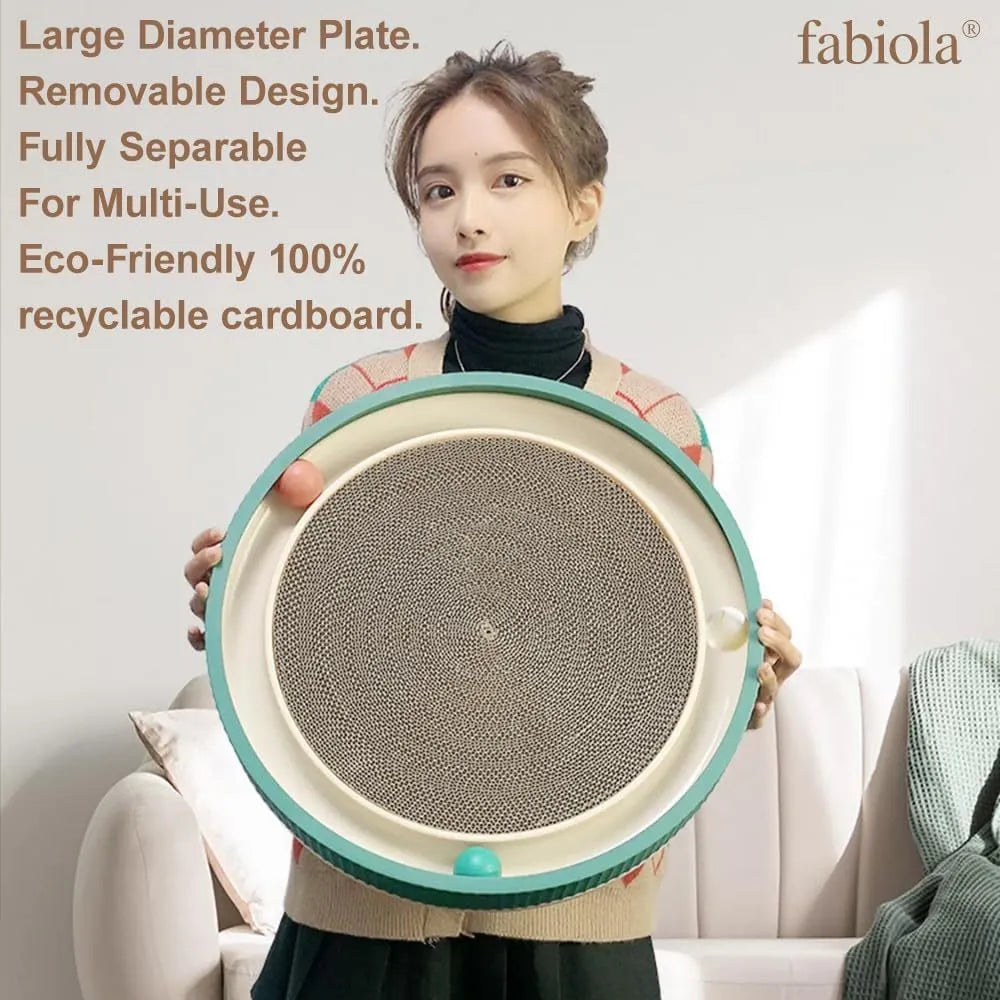 Large circular cat scratching board with ball toys and replaceable cardboard core