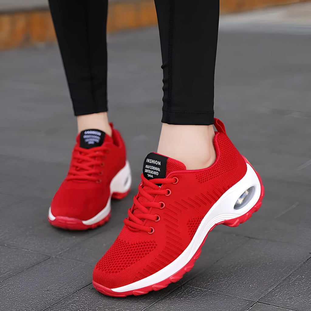 Women's round toe mesh sneakers with lace-up front and 3-5cm mid heel in black and red colours