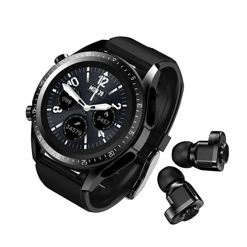 Black smart watch with 1.28-inch screen showing health metrics, silicone strap, includes TWS earphones