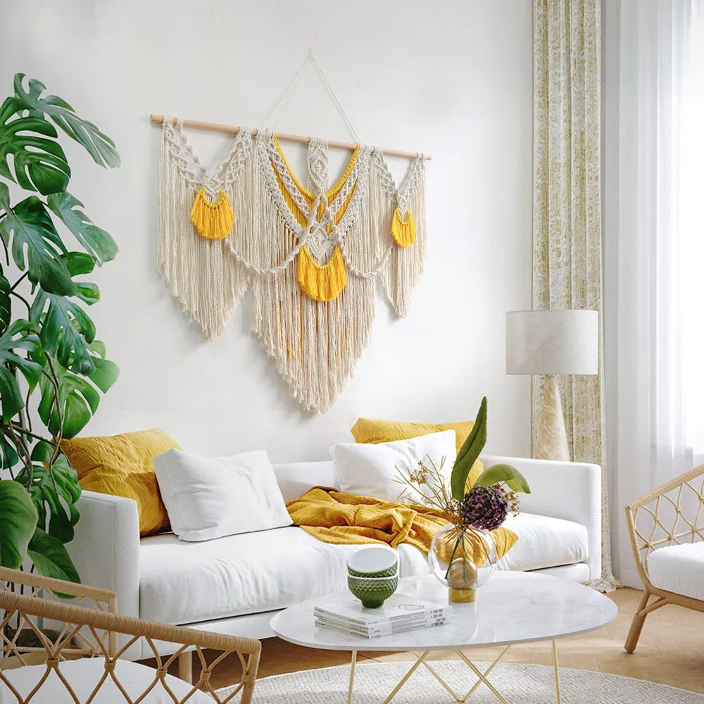 Nordic style hand-woven cotton tapestry wall hanging creamy white 120x95cm