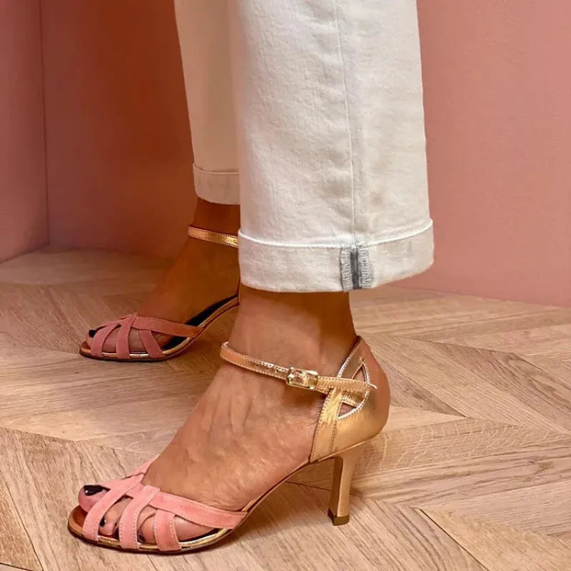Unisex peep toe sandals with buckle fastening in black, green, pink or purple colours