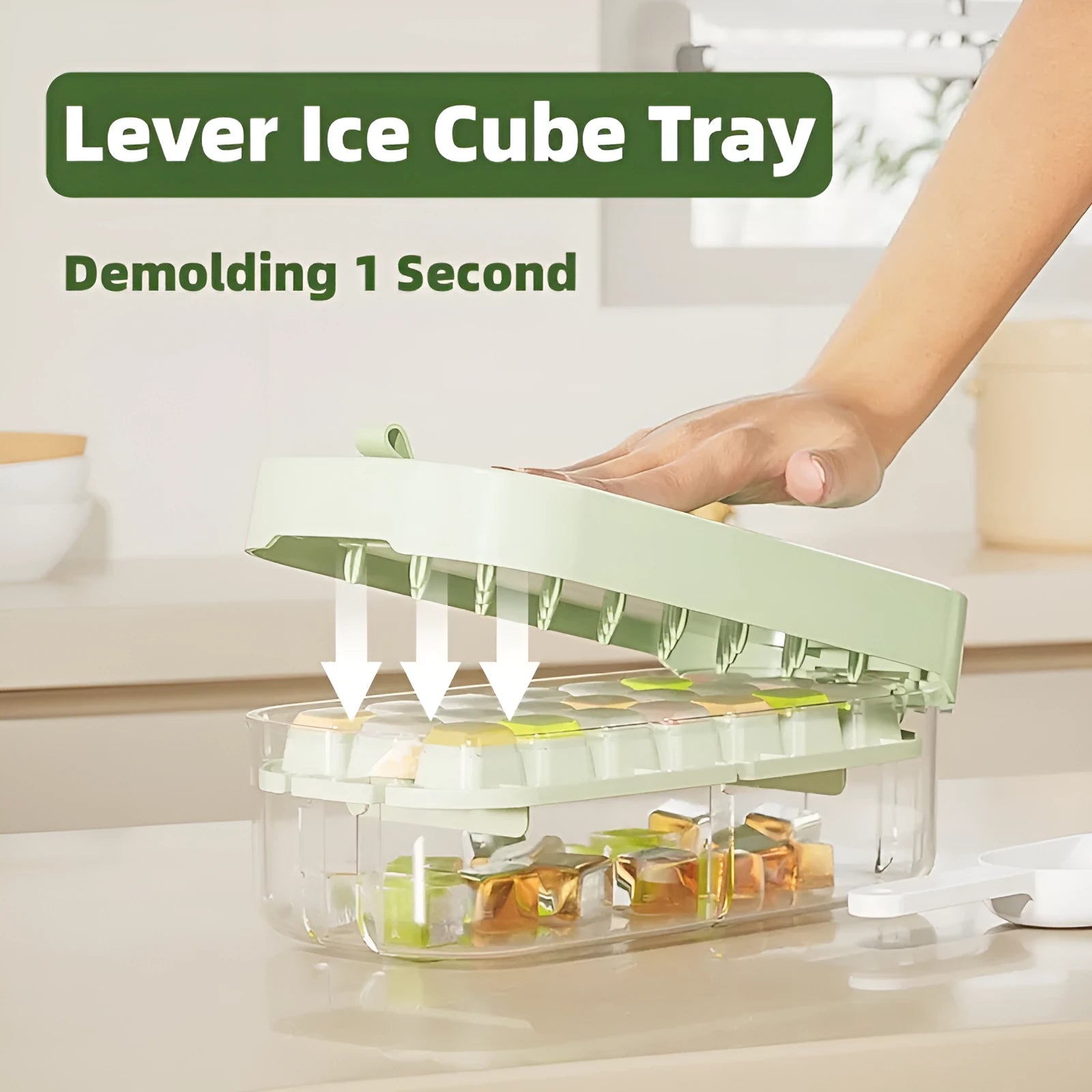 Blue high capacity ice cube tray with grid design and leverage mechanism including shovel