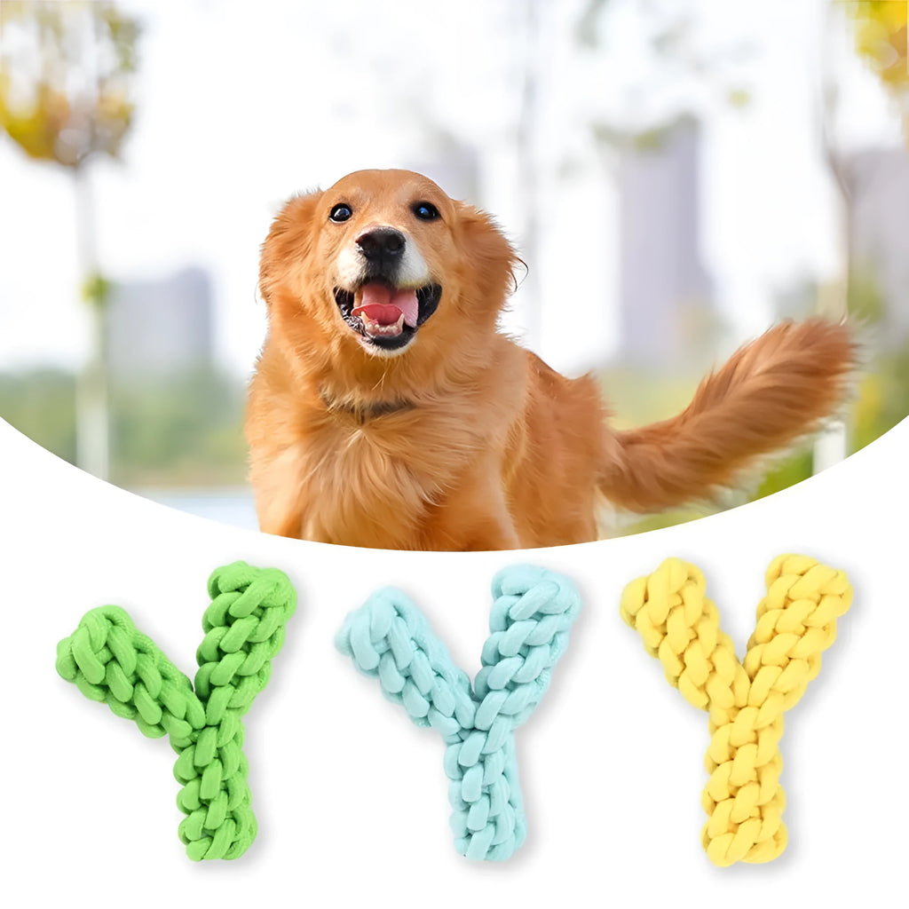 Blue Y-shaped cotton rope dog chew toy for large dogs showing dental health design