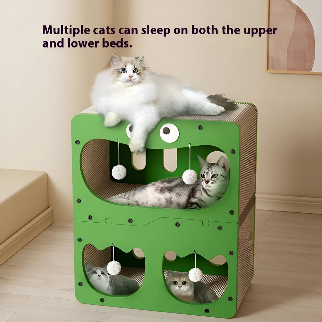Double-layer cat scratching board and nest in a primary colour, showing a cat head decorative style.