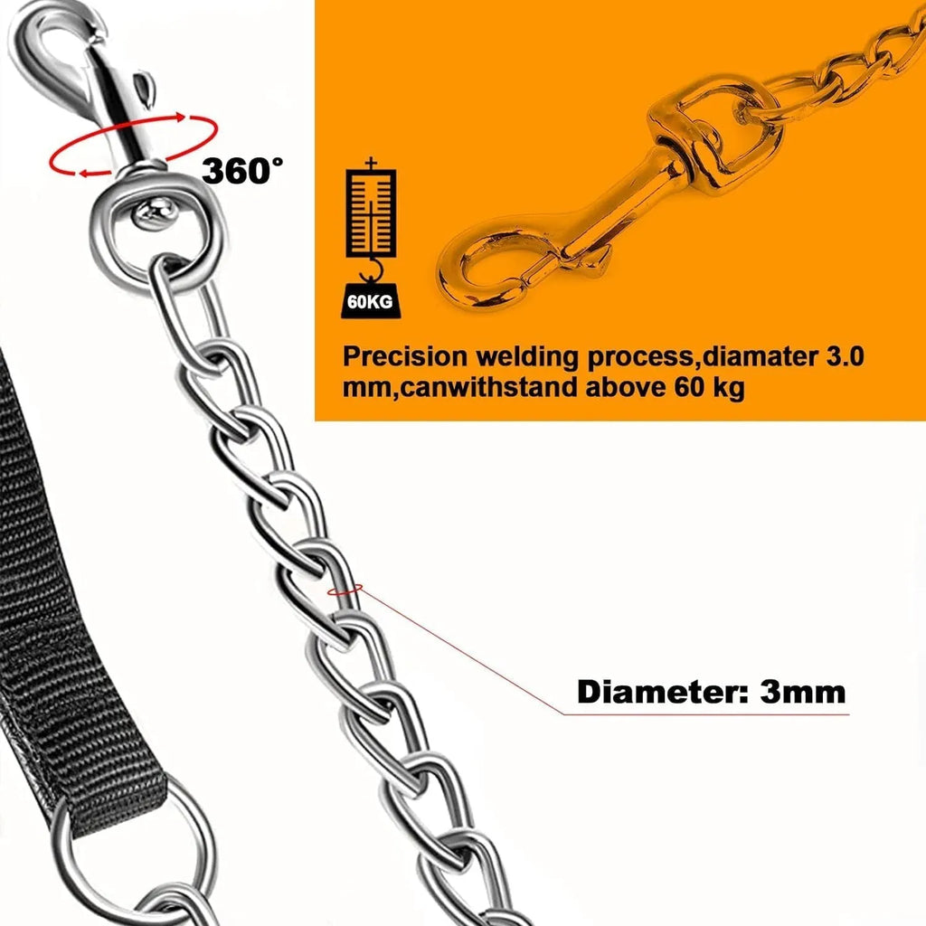 Heavy duty metal dog chain leash with a soft black padded handle, shown at full 120cm length.