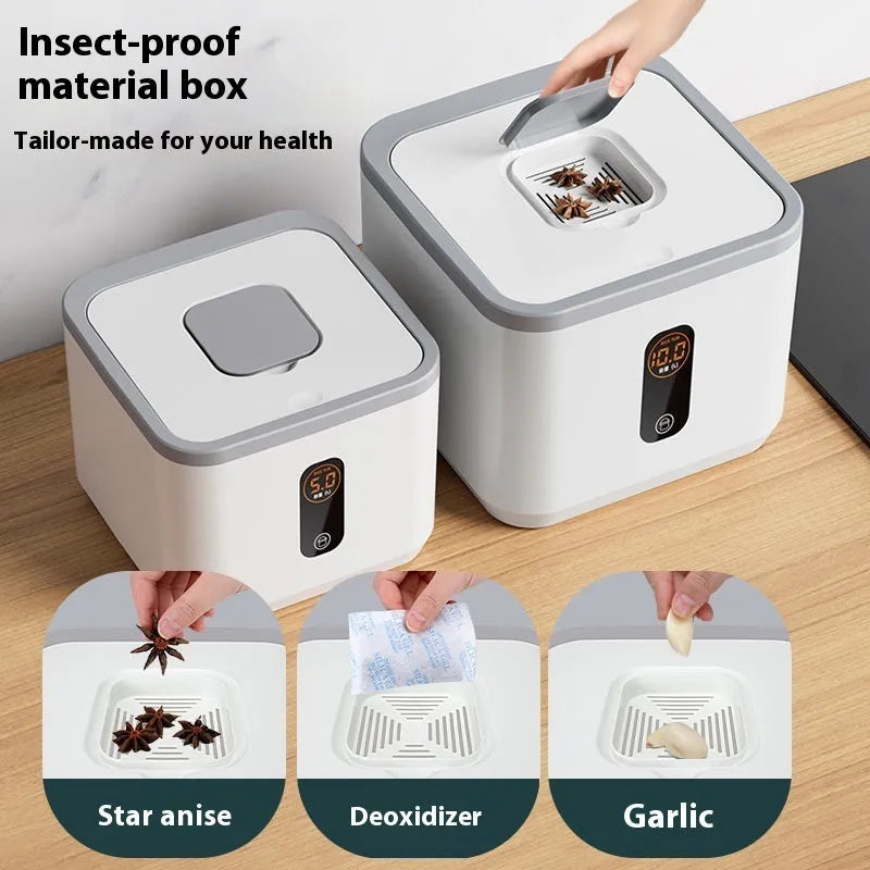 Grey plastic insect-proof and moisture-proof sealed rice storage container with a free measuring cup.