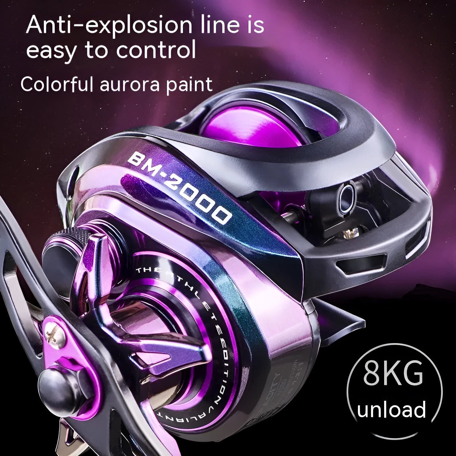 BM2000 fishing reel with water drop design and magnetic brake system, showing left-hand and right-hand model options.