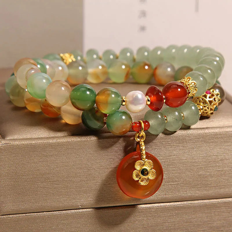 Peacock green agate double ring bracelet for women with alloy safety buckle pendant and rhinestones