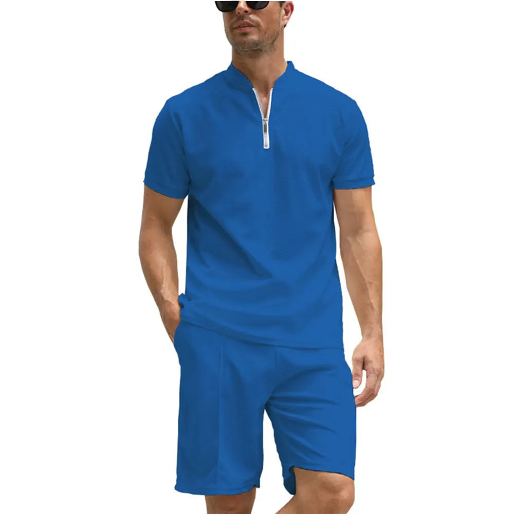 Men's solid colour polo shirt and shorts two-piece set in beaded bird's eye polyester fabric