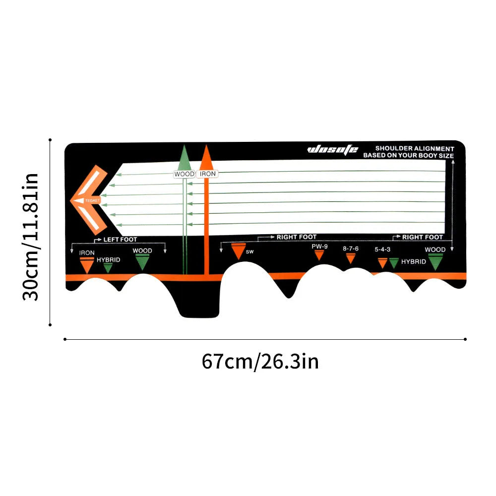 Black neoprene golf swing training pad for stance and posture correction on grass.