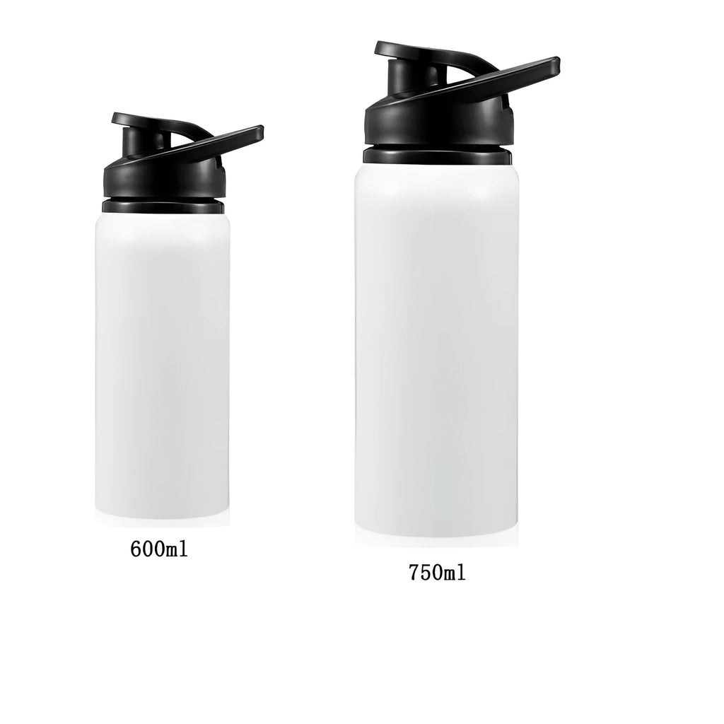 White aluminium sports cycling water bottle shown in 600ml and 750ml sizes.