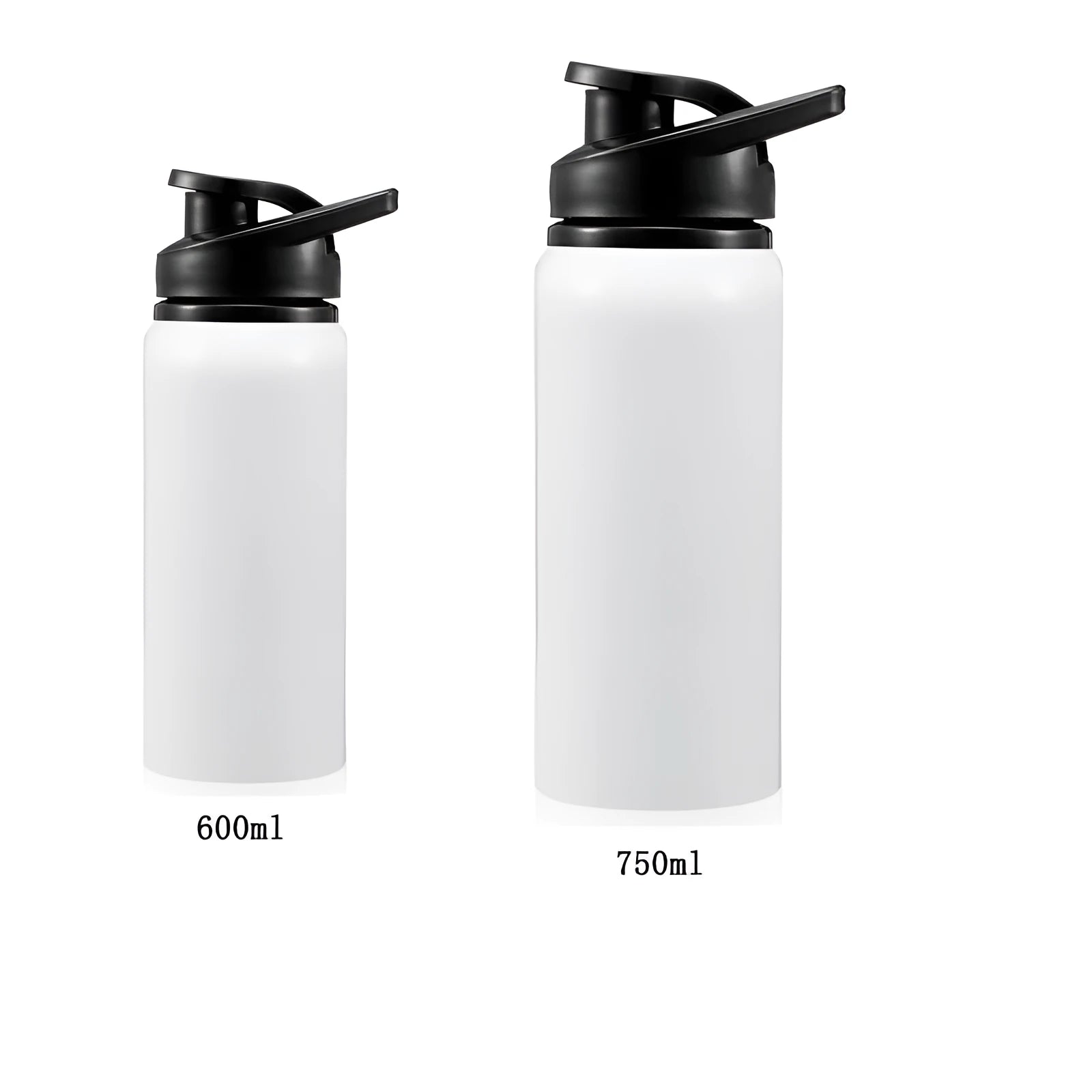 White aluminium sports cycling water bottle shown in 600ml and 750ml sizes.