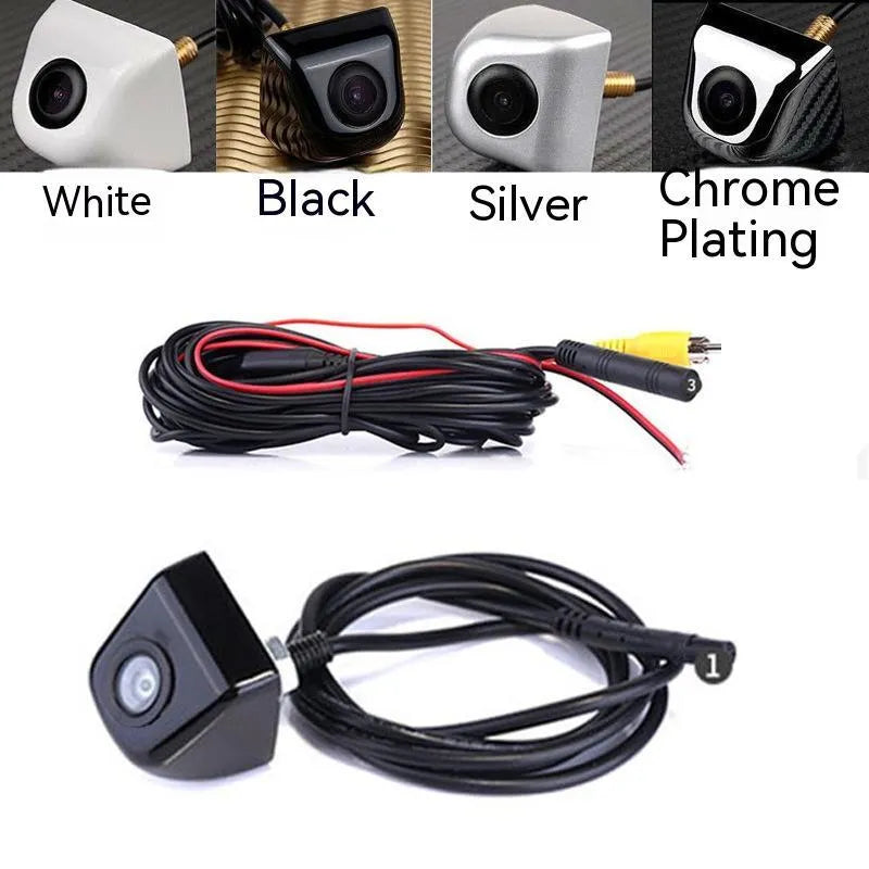 Black metal waterproof car rearview camera with lens and integrated cable for parking assistance.