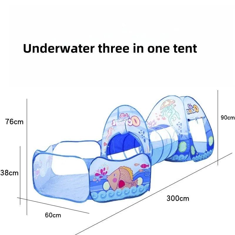 Three-in-one children's play tent with ball pool and tunnel in marine cartoon design