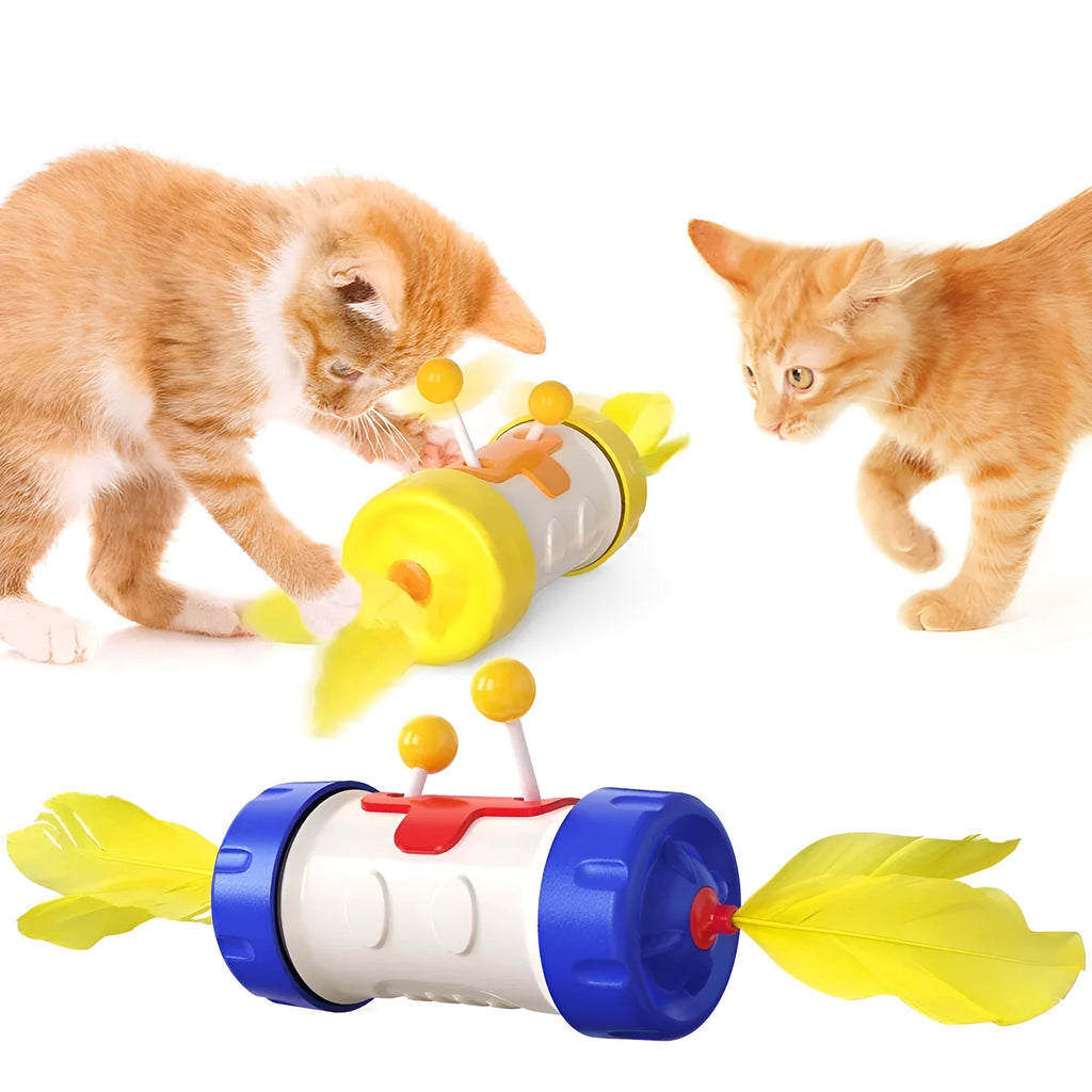 Cat toy stick with rotating feather ball in blue, green, pink, sky blue and yellow colour options