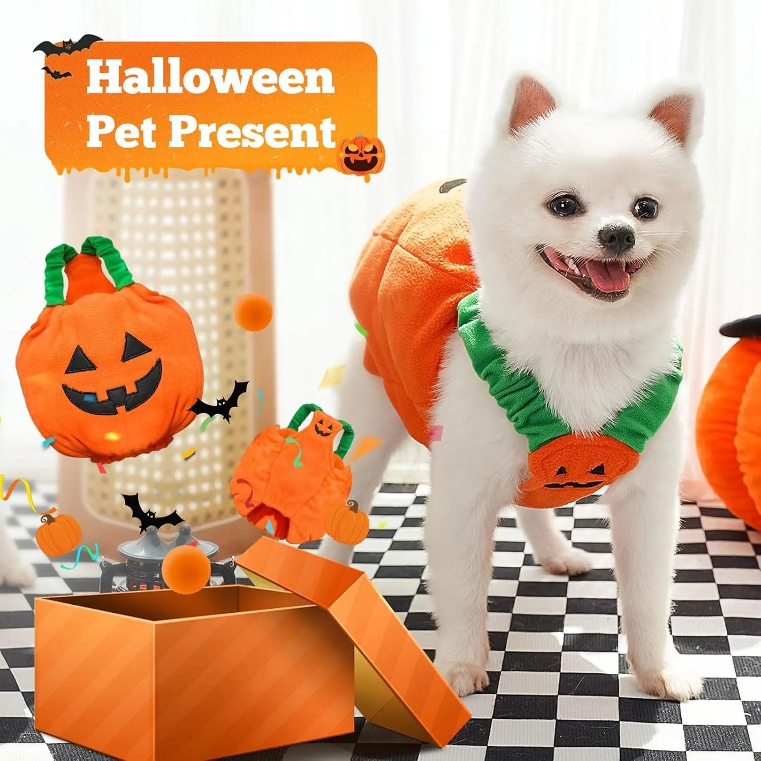 Orange plush pumpkin Halloween costume for a small dog, showing pullover design and soft texture.