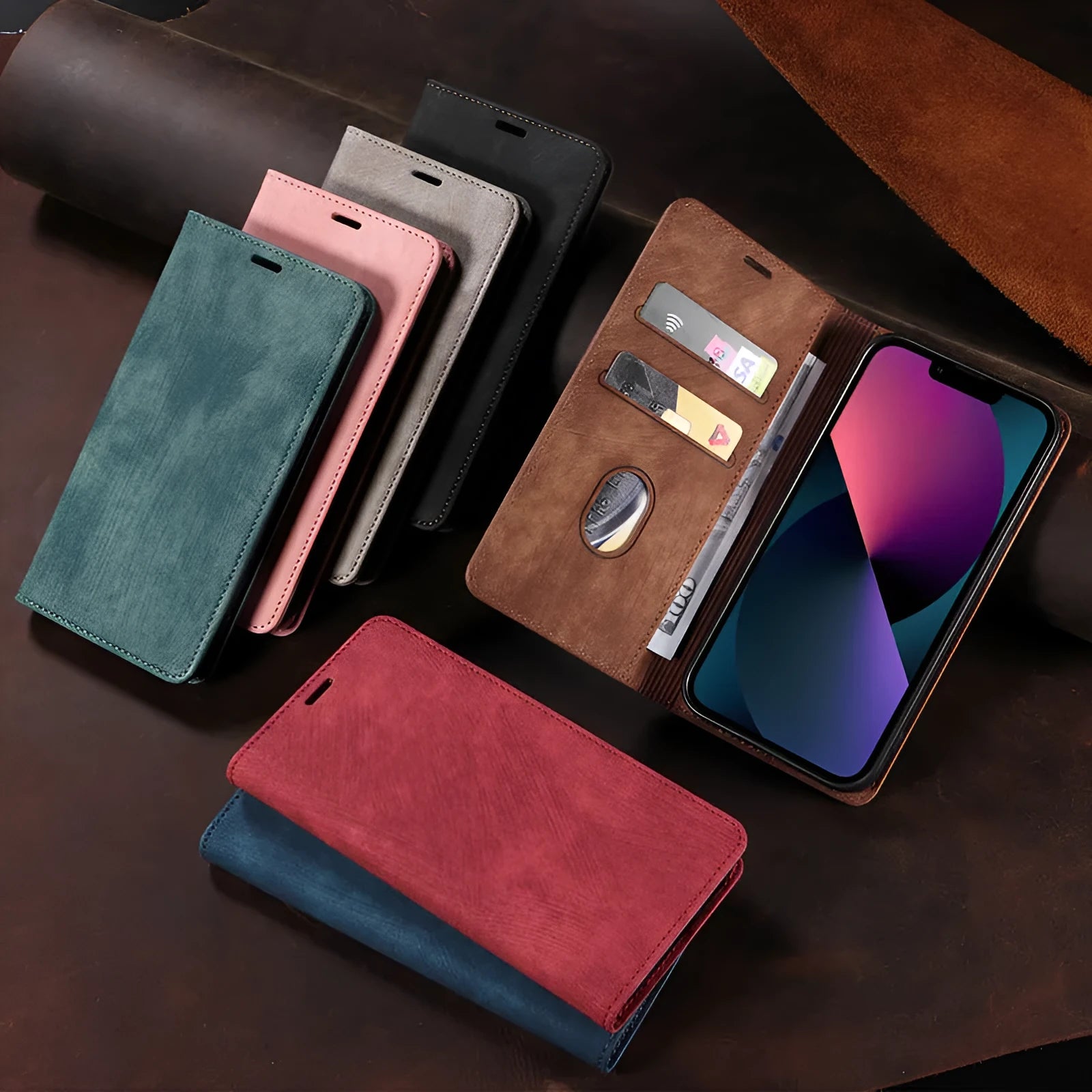 Magnetic flip phone case for iPhone showing front cover with magnetic closure in multiple colour options