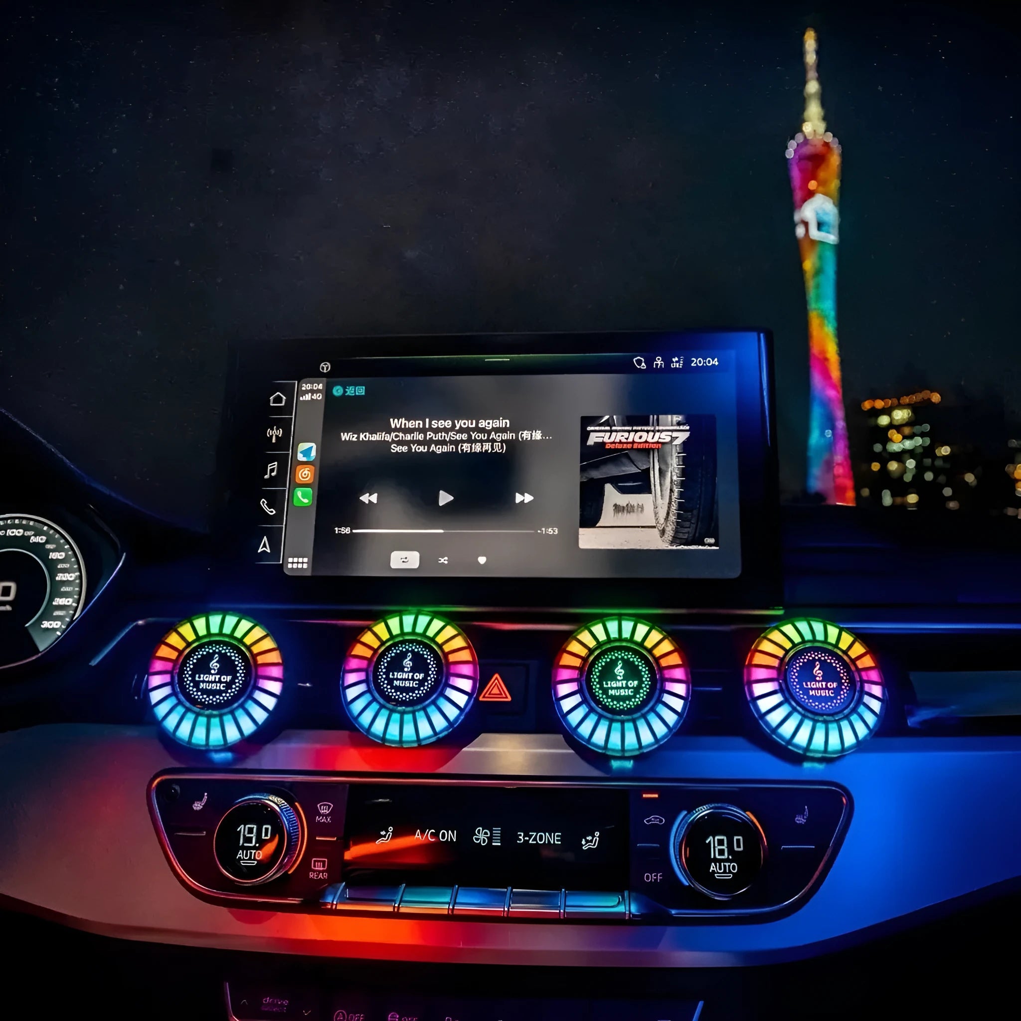 3D RGB car atmosphere light with voice control and aromatherapy diffuser mounted in car vent