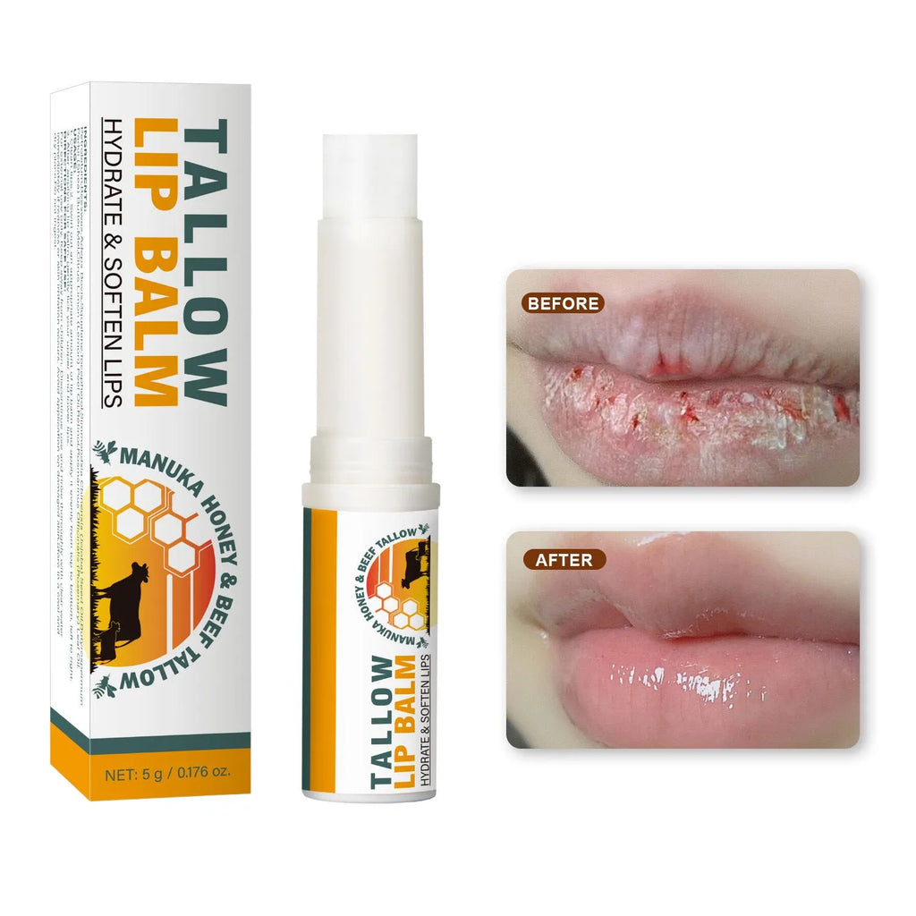 Beef tallow lip balm stick in a silver case, 83mm long, showing the twist-up mechanism.