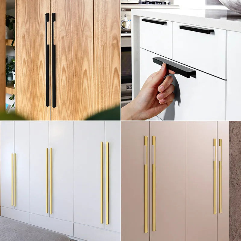 Gold T-shaped aluminium alloy cabinet door handle for single-hole mounting.