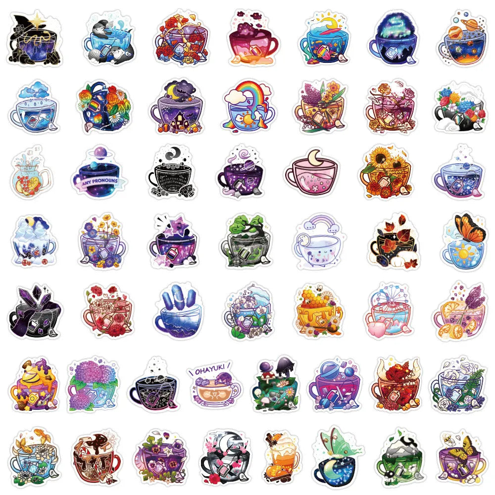 Pack of 50 colourful tea cup design waterproof graffiti stickers for DIY decoration