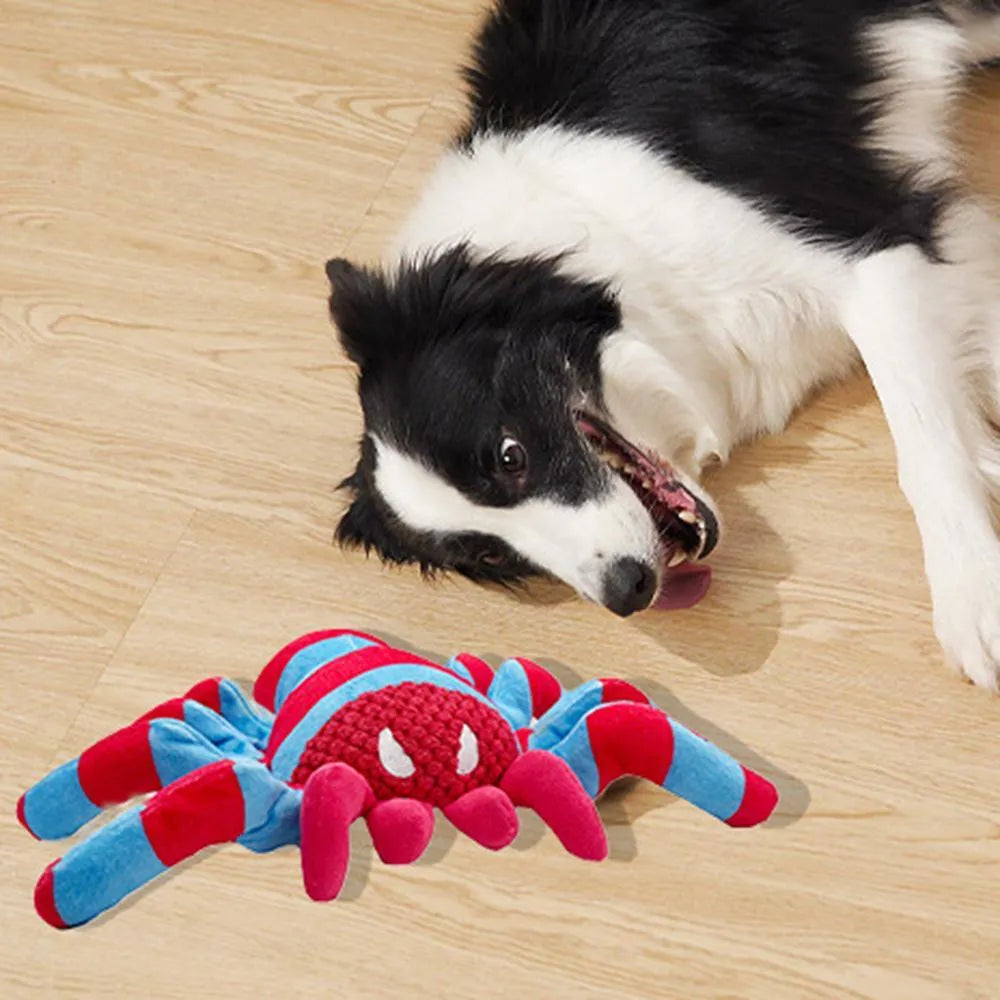 Red plush teddy dog toy with bite-resistant construction and tooth-cleaning ridges
