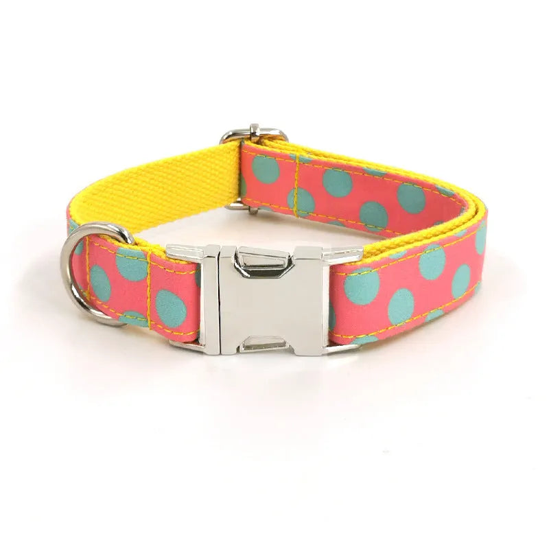 Yellow polka dot dog collar and matching lead set with adjustable sizing