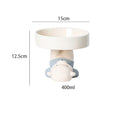 Ceramic raised cat bowl with animal design showing 12.5 cm height and 15 cm width