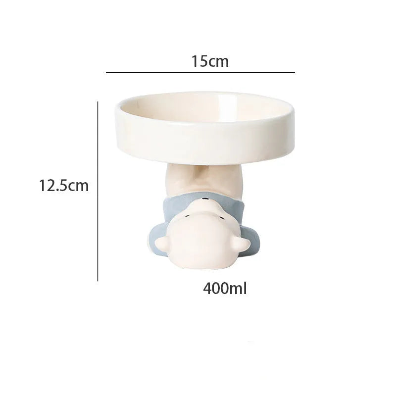 Ceramic raised cat bowl with animal design showing 12.5 cm height and 15 cm width