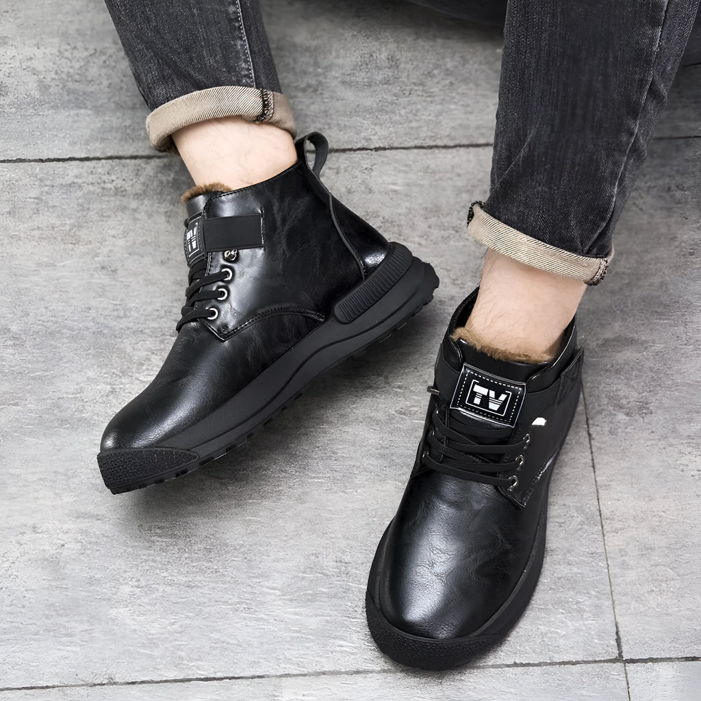 Men's black Martin platform boots with high-top design and velvet PU upper.