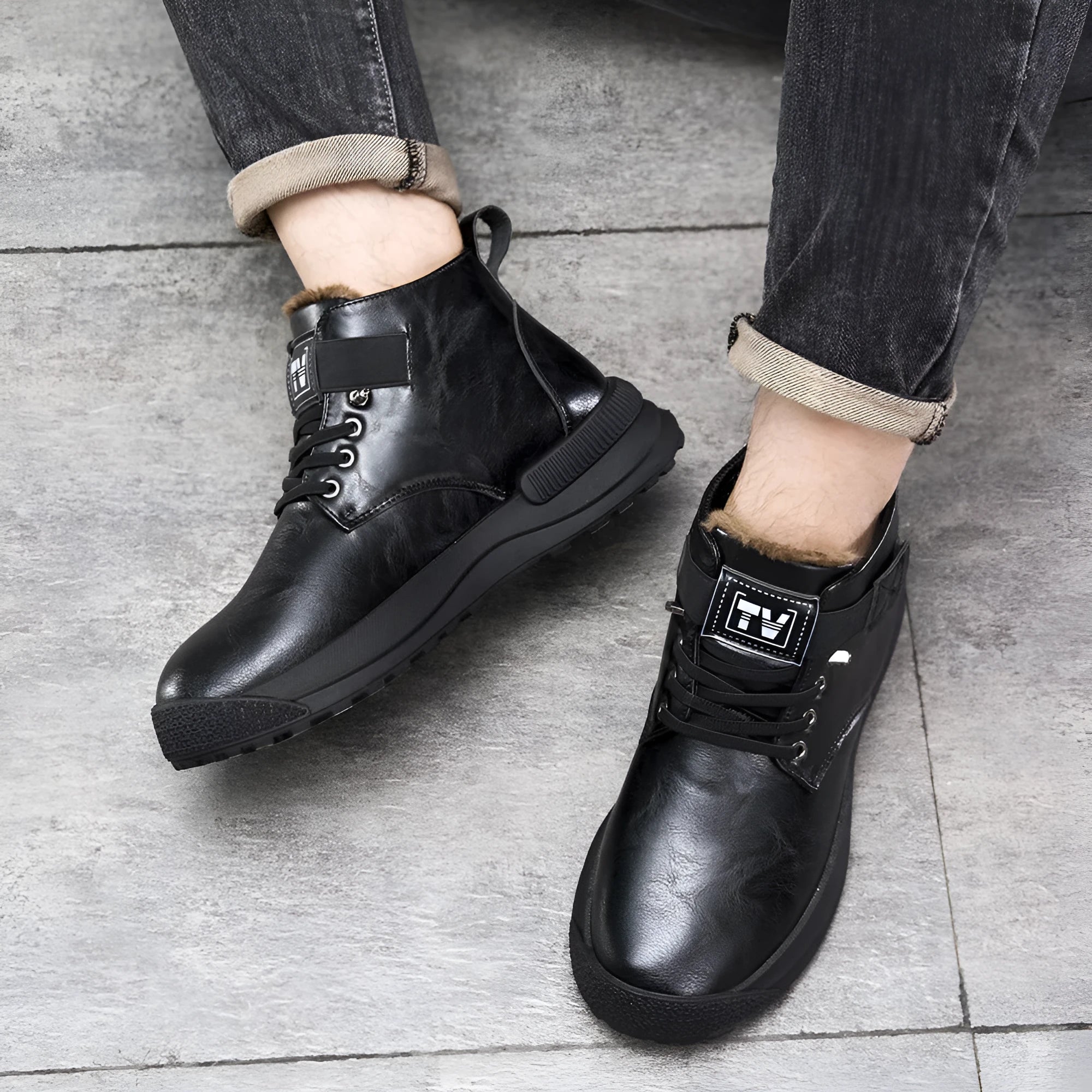Men's black Martin platform boots with high-top design and velvet PU upper.
