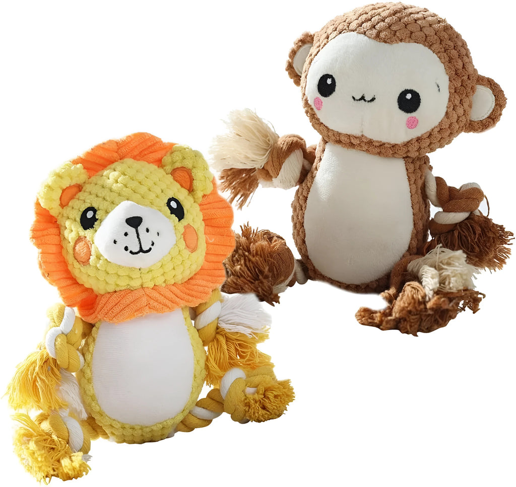 Two stuffed plush dog toys, a lion and a monkey, both featuring squeakers for interactive play.