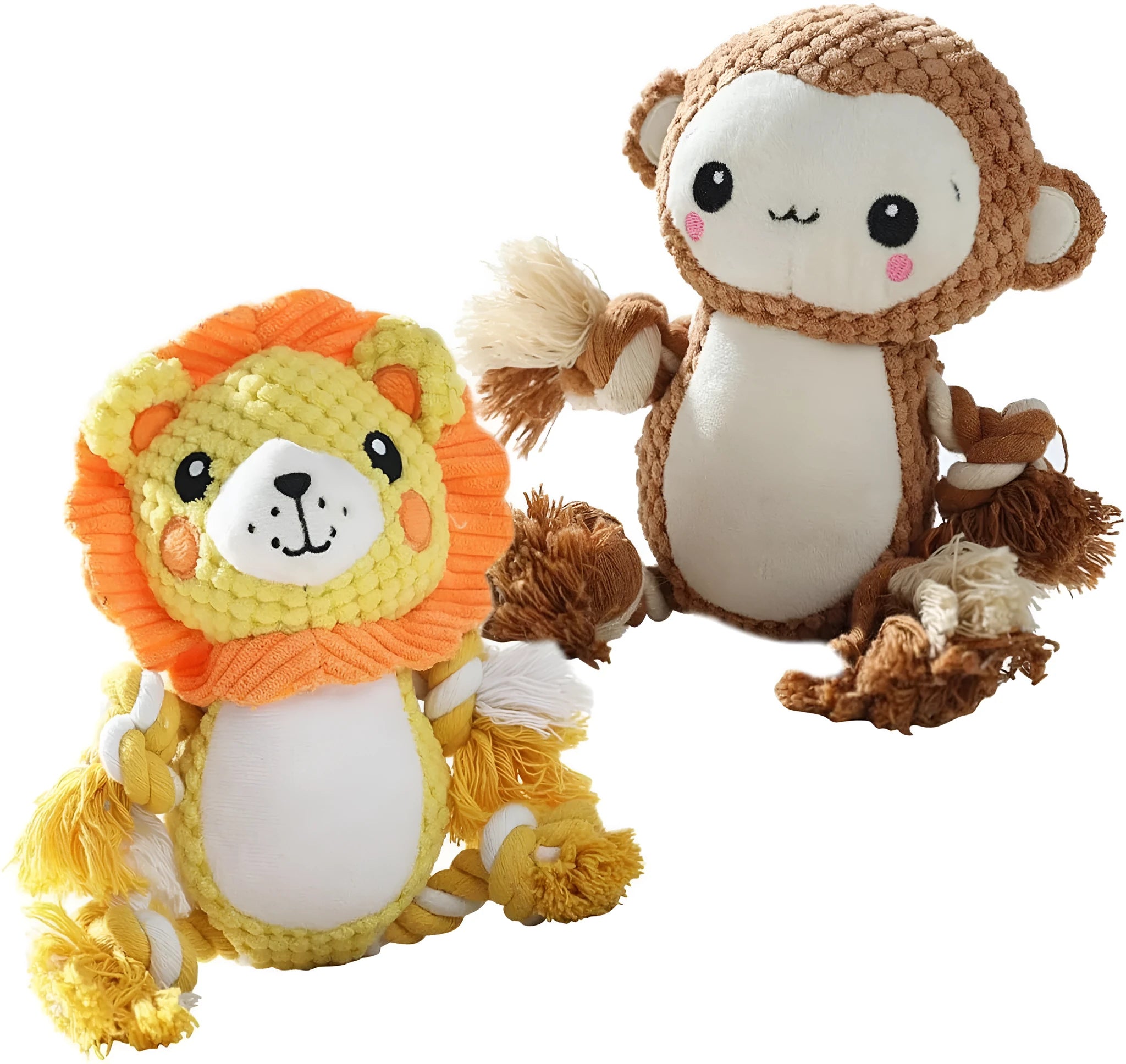 Two stuffed plush dog toys, a lion and a monkey, both featuring squeakers for interactive play.