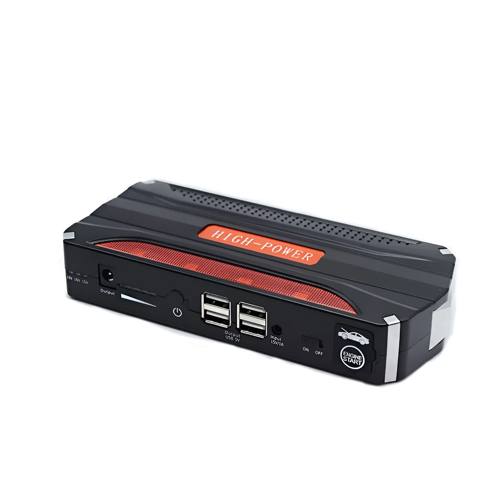 Black and red 12V vehicle emergency jump starter power supply unit.
