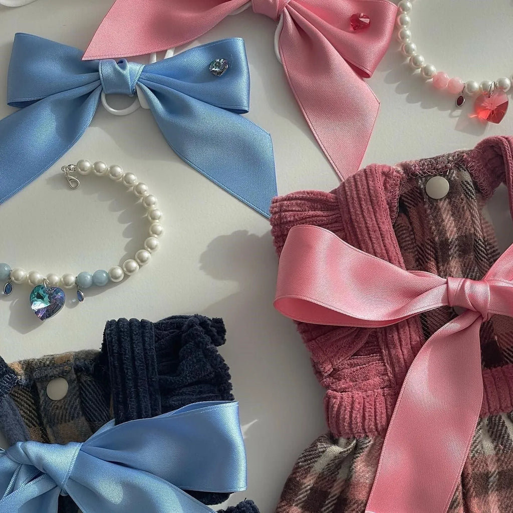 Princess style dog headdress hair band with adjustable bow on polyester cotton ribbon