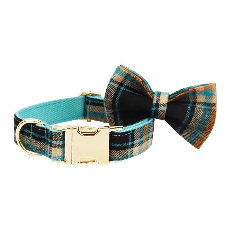 Green retro style pet collar, leash, vest and bow accessories set for dogs