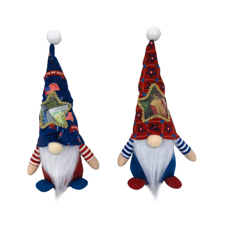 Set of two Rudolf-themed faceless baby doll candy bags made from soft cloth.